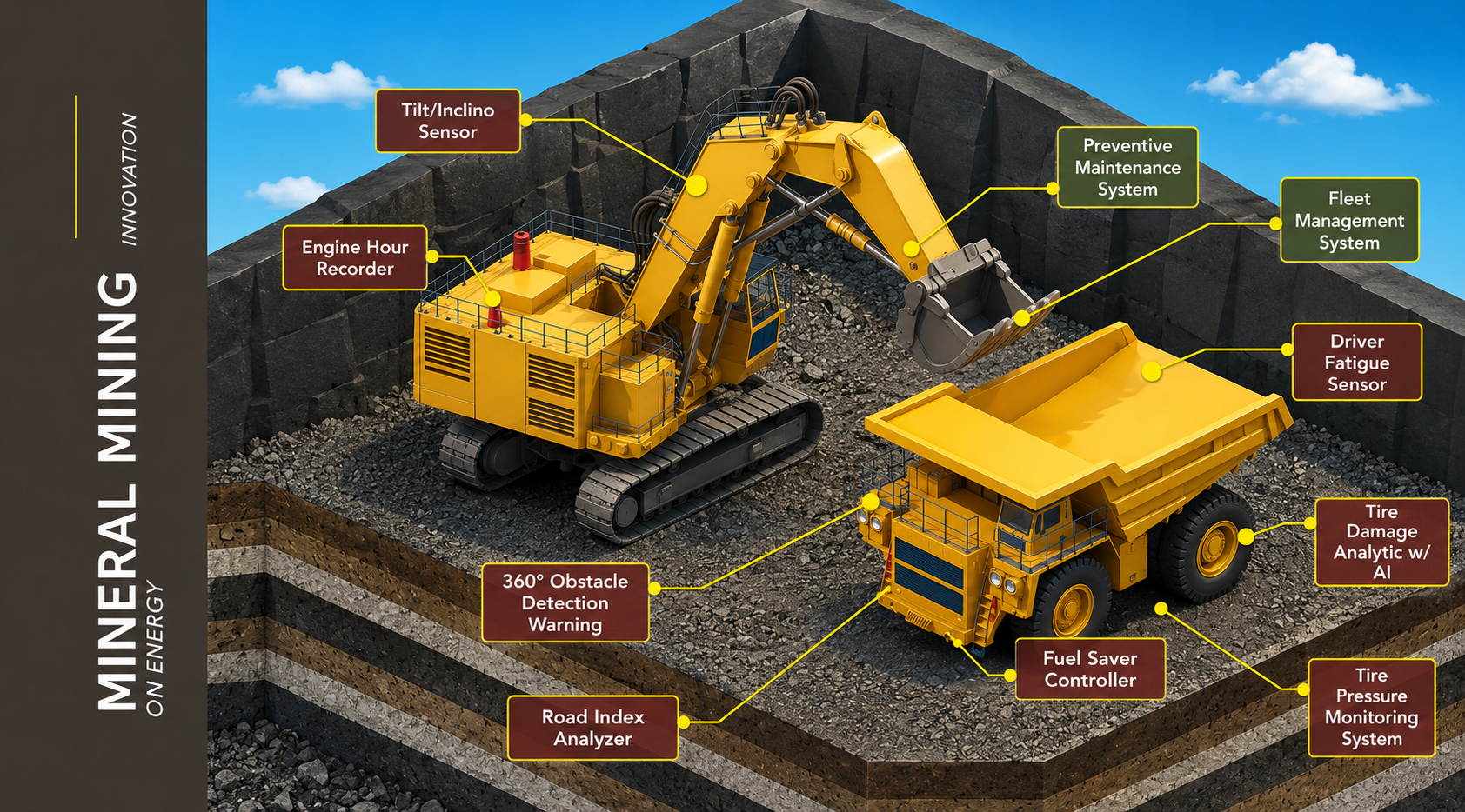 Mineral Mining Innovation on Energy — Qimtronics solutions across mining equipment, including tilt/inclino sensor, engine hour recorder, preventive maintenance system, fleet management system, driver fatigue sensor, 360° obstacle detection warning, road index analyzer, fuel saver controller, tire pressure monitoring system, and AI-based tire damage analytics.